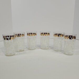 Vintage Hazel Atlas Mid Century Tumblers Gold Leaves White Check Flowers Vases